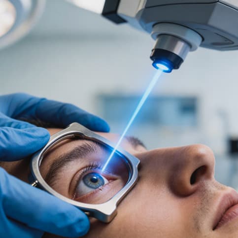 Primo piano di un paziente sottoposto a chirurgia refrattiva con un macchinario laser di ultima generazione che emette un fascio di luce blu sull'occhio fermato da un blefarostato; dettaglio della strumentazione medica che incide sul prezzo dell'operazione per la miopia.
