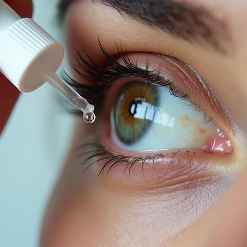 Primo piano dettagliato di una persona che applica una goccia di collirio nell'occhio destro spalancato usando un contagocce; immagine correlata alle cure e ai trattamenti prescritti durante una visita oculistica per calazio o orzaiolo.